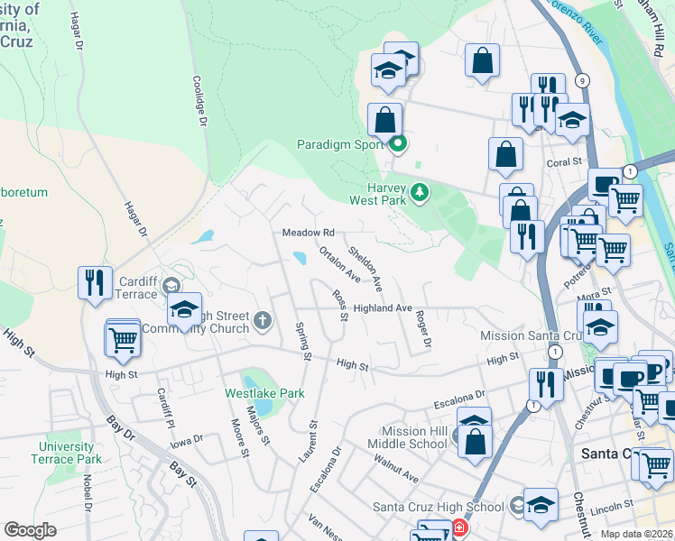 map of restaurants, bars, coffee shops, grocery stores, and more near 22 Ortalon Avenue in Santa Cruz