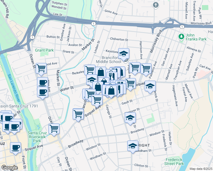 map of restaurants, bars, coffee shops, grocery stores, and more near 1000 Water St in Santa Cruz