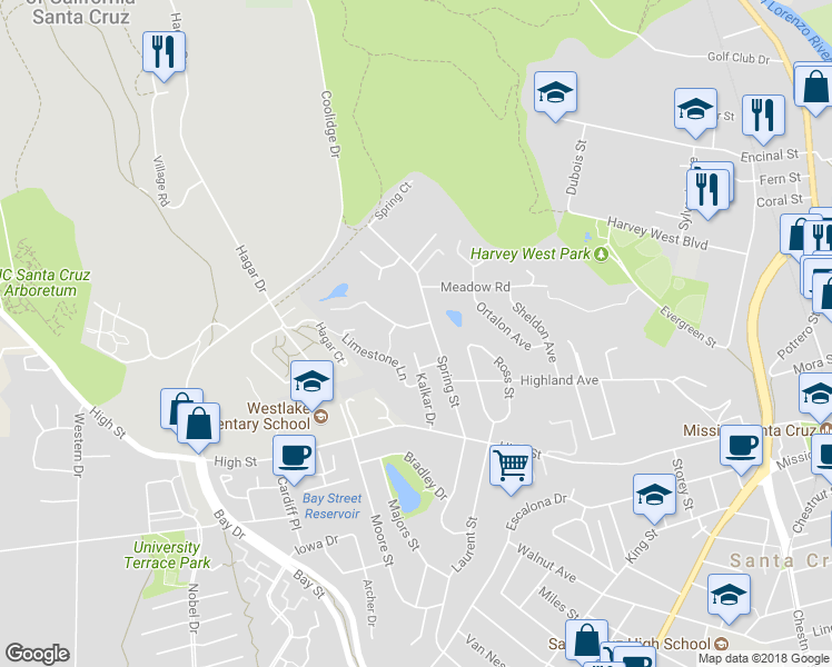 map of restaurants, bars, coffee shops, grocery stores, and more near 105 Quarry Lane in Santa Cruz
