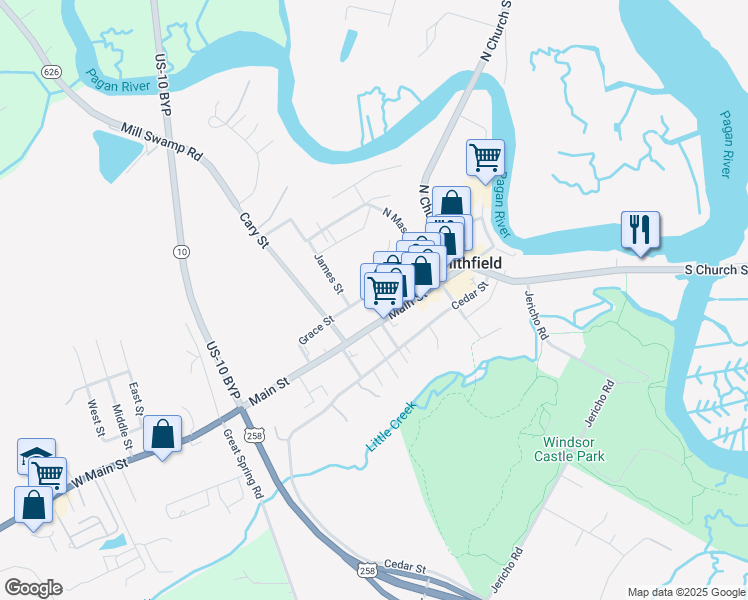 map of restaurants, bars, coffee shops, grocery stores, and more near 321 Grace Street in Smithfield