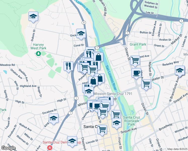 map of restaurants, bars, coffee shops, grocery stores, and more near 318 River Street in Santa Cruz