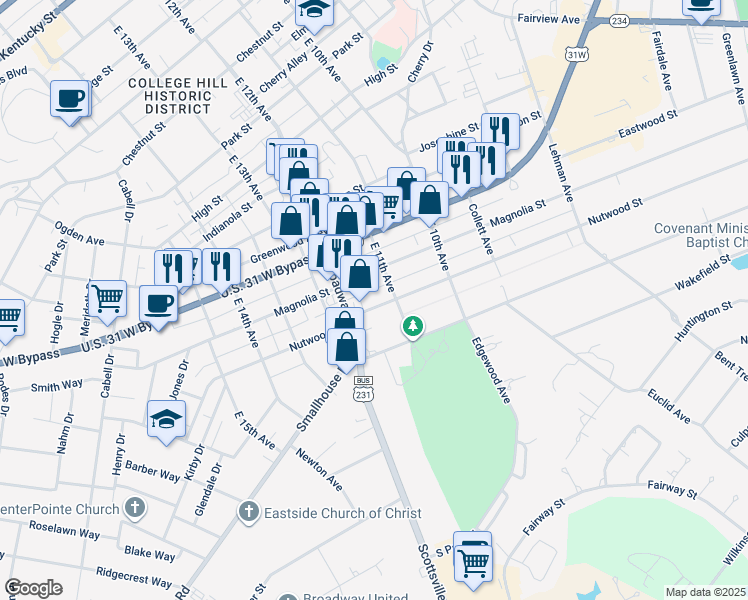 map of restaurants, bars, coffee shops, grocery stores, and more near 1109 Nutwood Street in Bowling Green