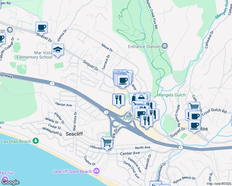 map of restaurants, bars, coffee shops, grocery stores, and more near 143 Tulip Ln in Aptos