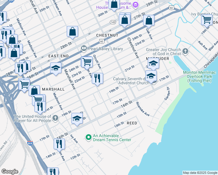 map of restaurants, bars, coffee shops, grocery stores, and more near 934 20th Street in Newport News