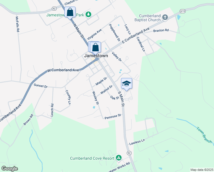 map of restaurants, bars, coffee shops, grocery stores, and more near 45 Oak Street in Jamestown