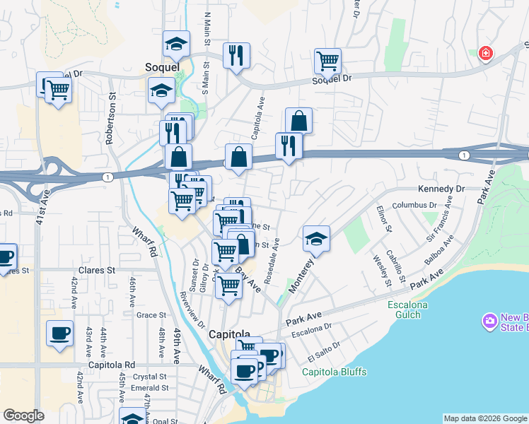 map of restaurants, bars, coffee shops, grocery stores, and more near 500 Pine Street in Capitola