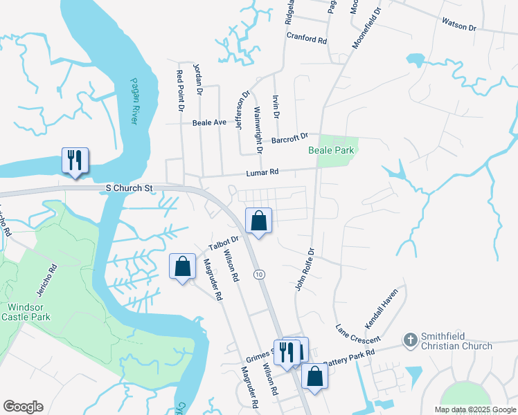 map of restaurants, bars, coffee shops, grocery stores, and more near 107 Saint Paul's Avenue in Smithfield