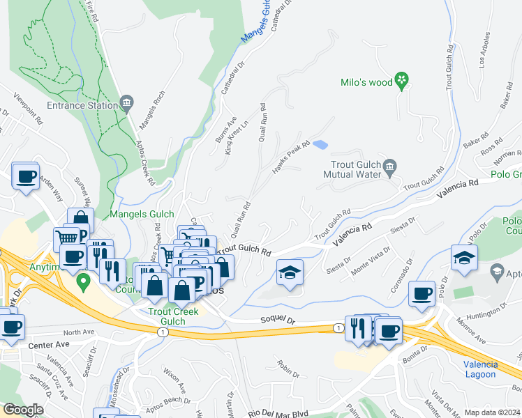 map of restaurants, bars, coffee shops, grocery stores, and more near 190 Quail Run Road in Aptos
