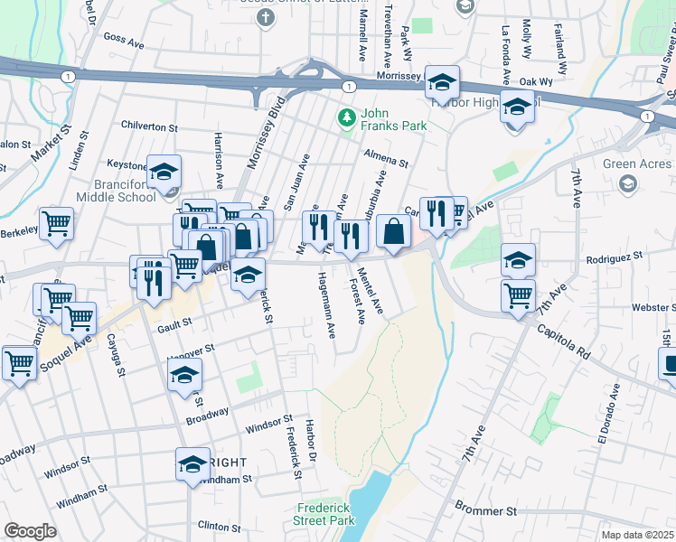map of restaurants, bars, coffee shops, grocery stores, and more near 1818 Soquel Avenue in Santa Cruz