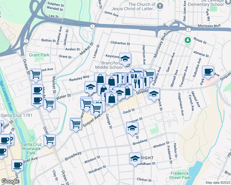 map of restaurants, bars, coffee shops, grocery stores, and more near 1114 Water Street in Santa Cruz