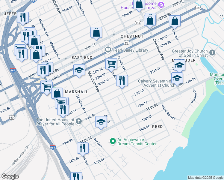 map of restaurants, bars, coffee shops, grocery stores, and more near 850 21st Street in Newport News