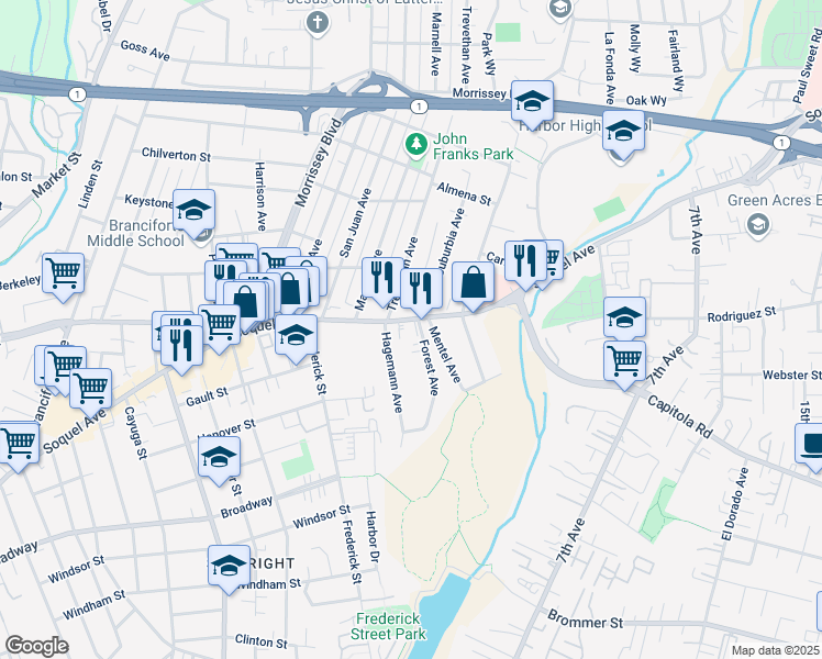 map of restaurants, bars, coffee shops, grocery stores, and more near 1818 Soquel Avenue in Santa Cruz