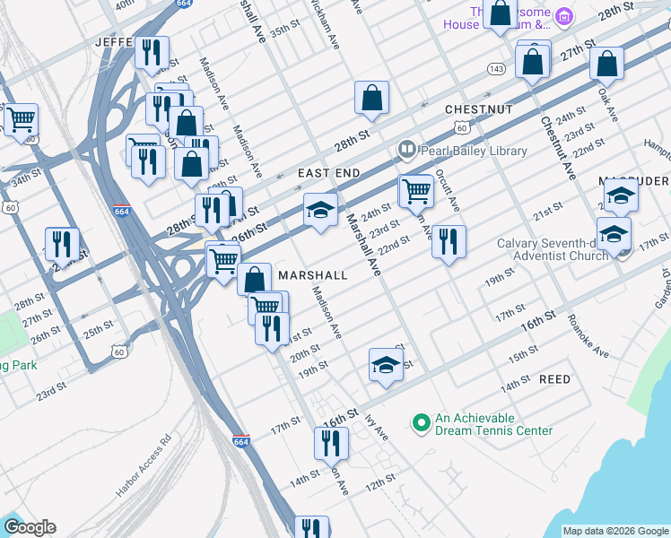 map of restaurants, bars, coffee shops, grocery stores, and more near 720 22nd Street in Newport News