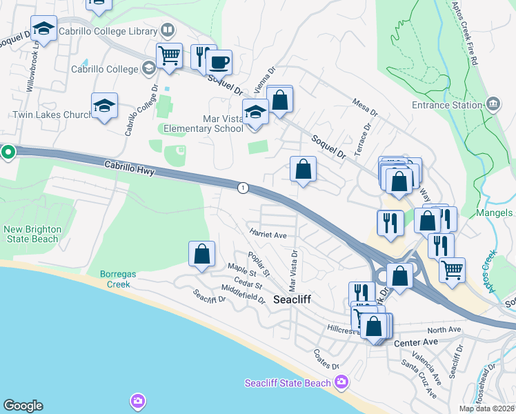 map of restaurants, bars, coffee shops, grocery stores, and more near 524 Gertrude Avenue in Aptos