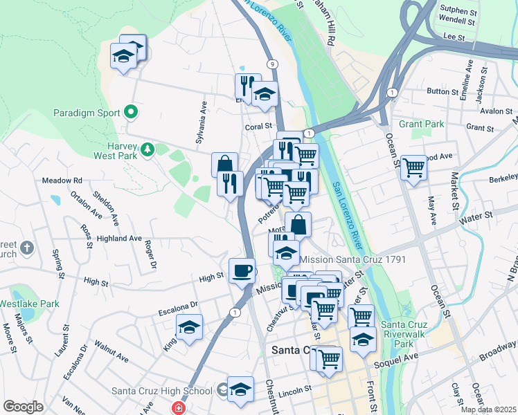 map of restaurants, bars, coffee shops, grocery stores, and more near 303 Potrero Street in Santa Cruz