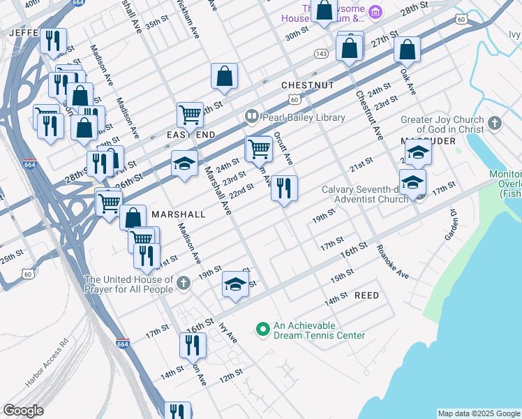 map of restaurants, bars, coffee shops, grocery stores, and more near 850 21st Street in Newport News
