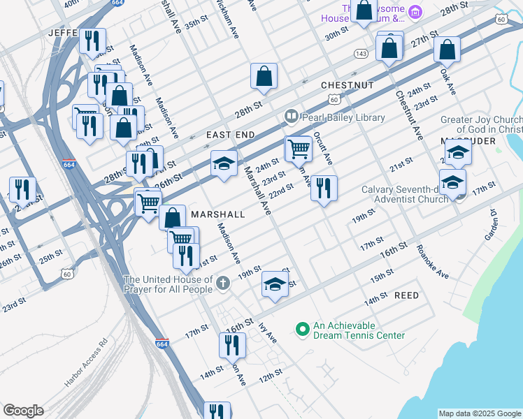 map of restaurants, bars, coffee shops, grocery stores, and more near 2119 Marshall Avenue in Newport News