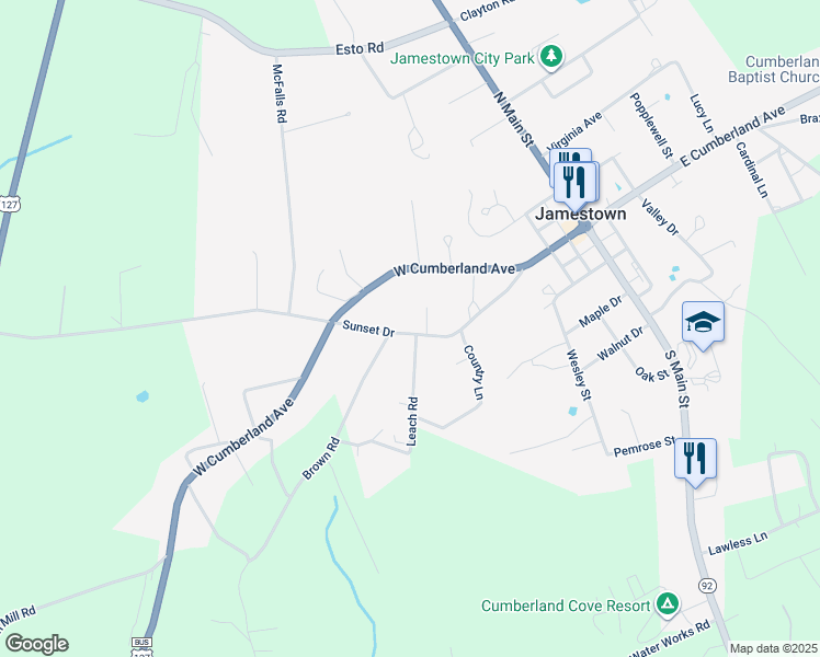 map of restaurants, bars, coffee shops, grocery stores, and more near 310-316 Sunset Drive in Jamestown