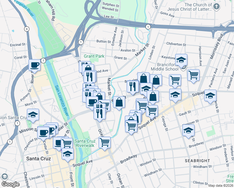 map of restaurants, bars, coffee shops, grocery stores, and more near 631 Water Street in Santa Cruz