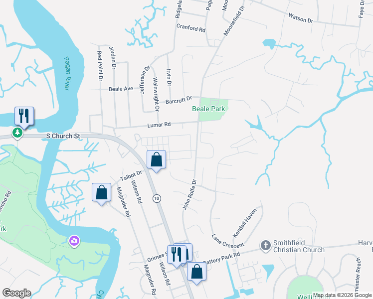 map of restaurants, bars, coffee shops, grocery stores, and more near 205 Richmond Avenue in Smithfield