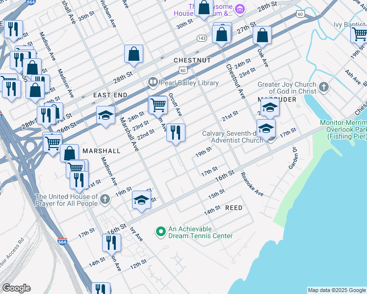 map of restaurants, bars, coffee shops, grocery stores, and more near 917 20th Street in Newport News