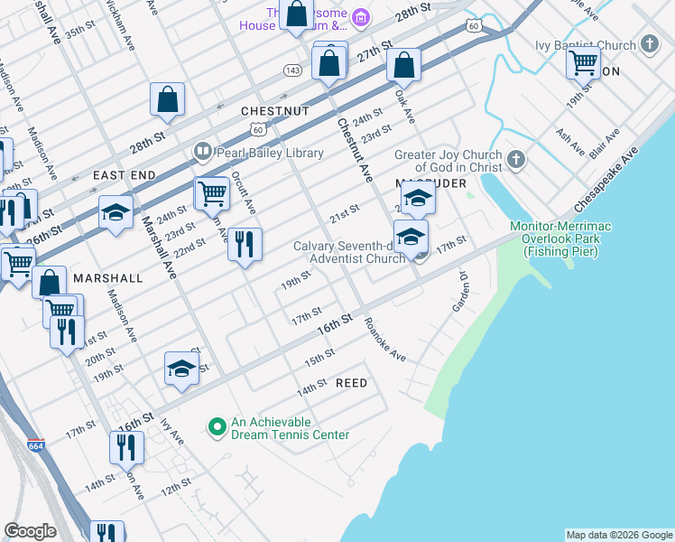 map of restaurants, bars, coffee shops, grocery stores, and more near 1805 Orcutt Avenue in Newport News
