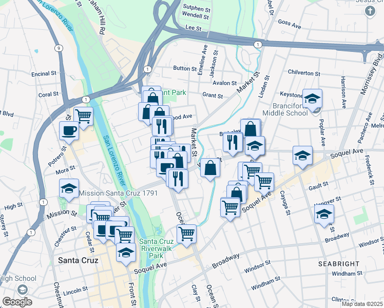 map of restaurants, bars, coffee shops, grocery stores, and more near 125 Market Street in Santa Cruz