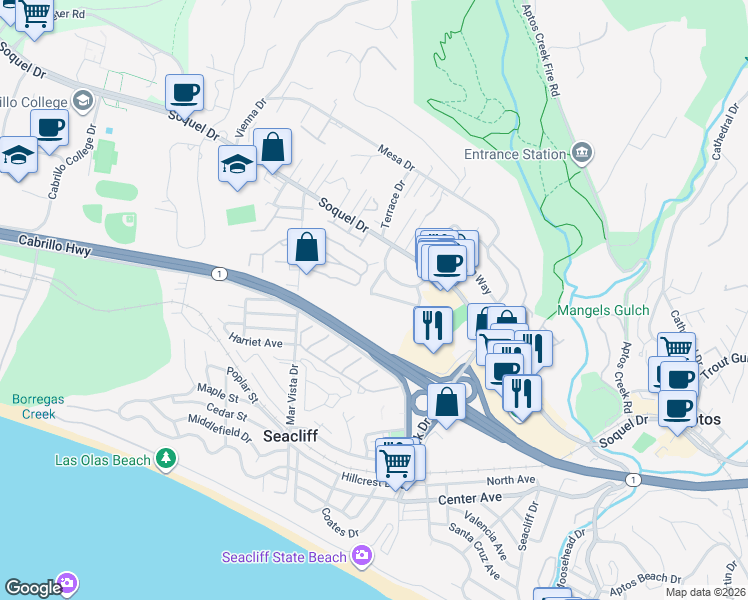 map of restaurants, bars, coffee shops, grocery stores, and more near 370 Poppy Way in Aptos