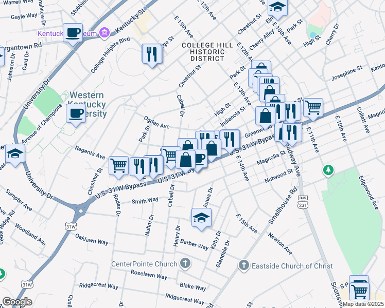 map of restaurants, bars, coffee shops, grocery stores, and more near 1530 Kenton Street in Bowling Green