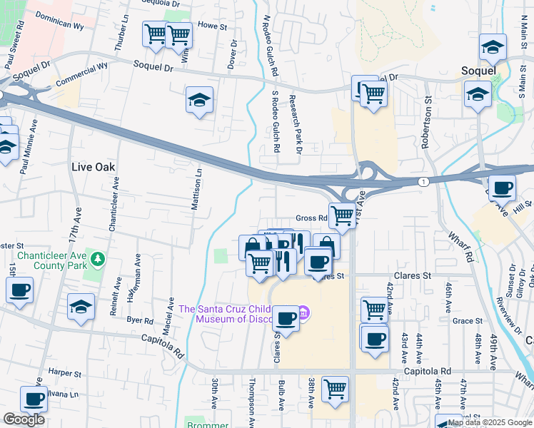 map of restaurants, bars, coffee shops, grocery stores, and more near 3500 Gross Road in Santa Cruz