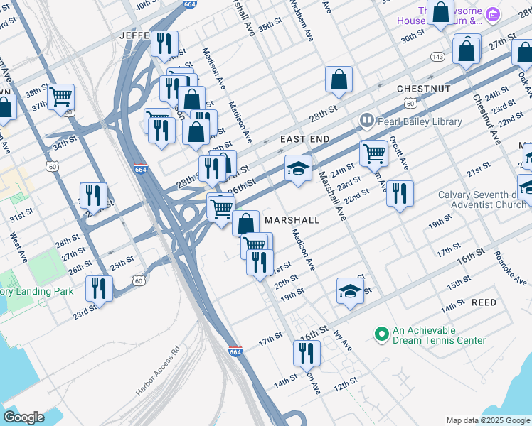 map of restaurants, bars, coffee shops, grocery stores, and more near 2325 Madison Avenue in Newport News