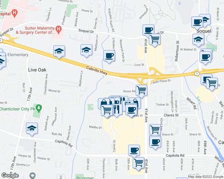 map of restaurants, bars, coffee shops, grocery stores, and more near 3500 Gross Road in Santa Cruz