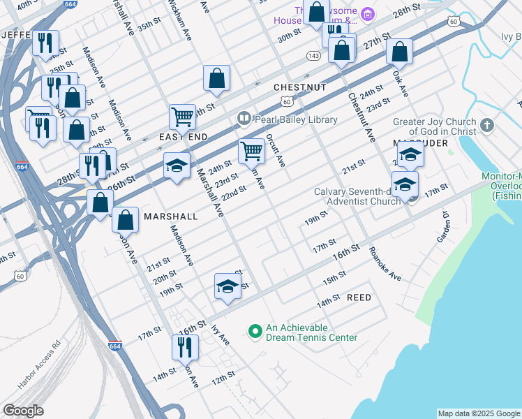 map of restaurants, bars, coffee shops, grocery stores, and more near 853 21st Street in Newport News