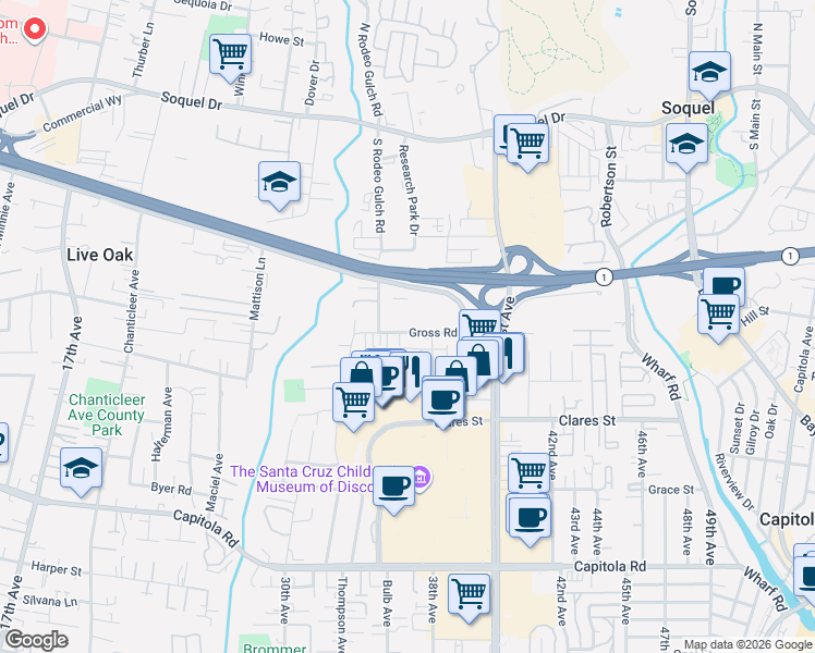 map of restaurants, bars, coffee shops, grocery stores, and more near 3630 Gross Road in Santa Cruz