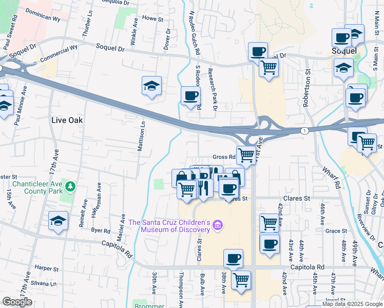 map of restaurants, bars, coffee shops, grocery stores, and more near 3500 Gross Road in Santa Cruz