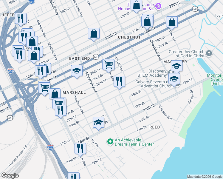 map of restaurants, bars, coffee shops, grocery stores, and more near 850 21st Street in Newport News