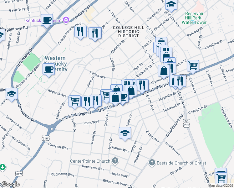 map of restaurants, bars, coffee shops, grocery stores, and more near 1589 US 31w Bypass in Bowling Green