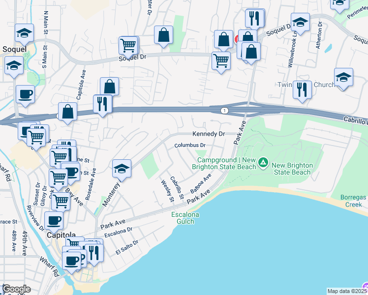 map of restaurants, bars, coffee shops, grocery stores, and more near 205 Cortez Street in Capitola