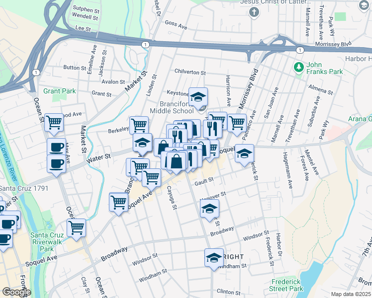 map of restaurants, bars, coffee shops, grocery stores, and more near 1114 Water St in Santa Cruz