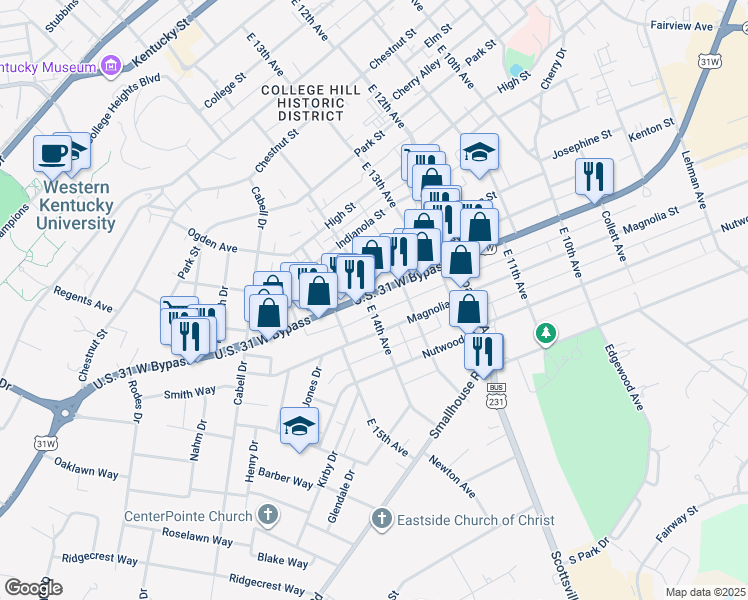 map of restaurants, bars, coffee shops, grocery stores, and more near 1001-1049 E 14th Ave in Bowling Green
