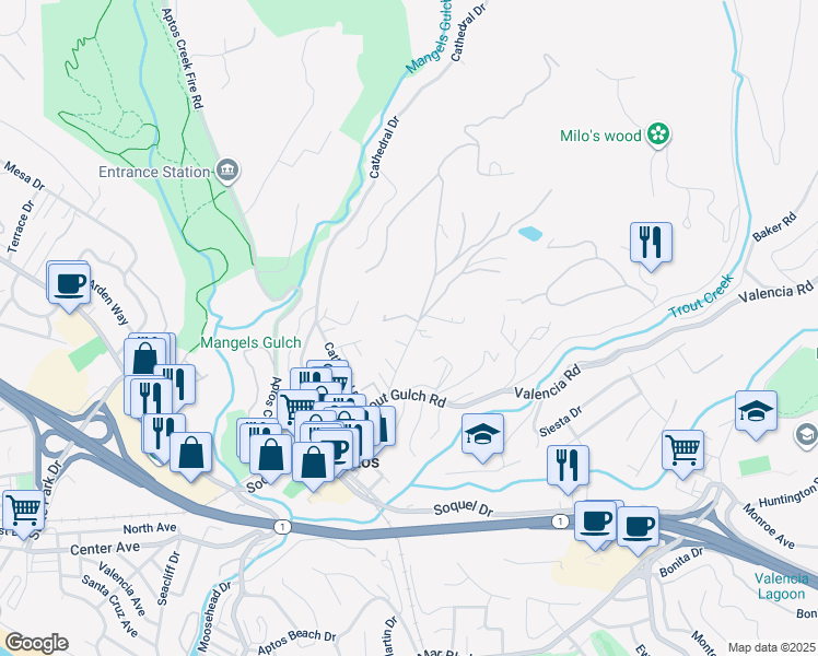 map of restaurants, bars, coffee shops, grocery stores, and more near 199 Quail Run Road in Aptos