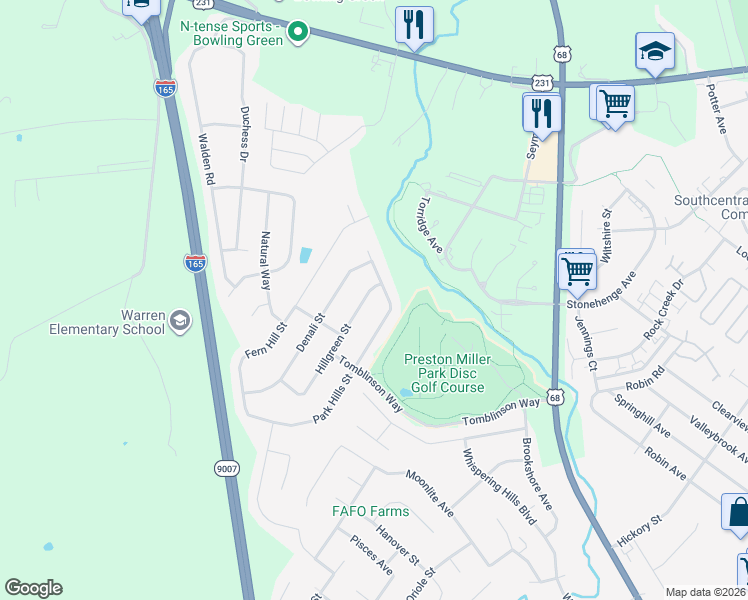 map of restaurants, bars, coffee shops, grocery stores, and more near Hillgreen Drive in Bowling Green