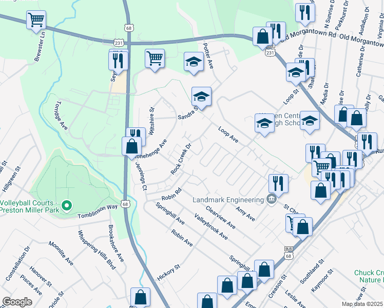 map of restaurants, bars, coffee shops, grocery stores, and more near 2042 Rock Creek Drive in Bowling Green