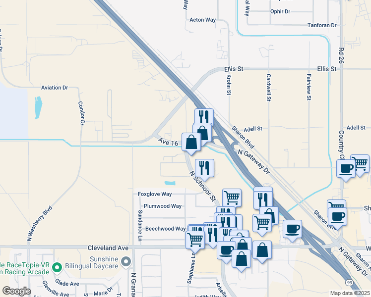 map of restaurants, bars, coffee shops, grocery stores, and more near 2210 North Schnoor Avenue in Madera