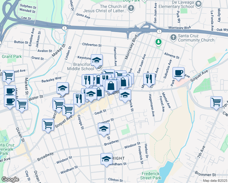 map of restaurants, bars, coffee shops, grocery stores, and more near Soquel Ave & Morrissey Blvd in Santa Cruz