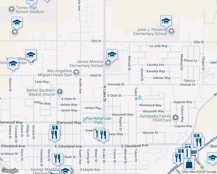 map of restaurants, bars, coffee shops, grocery stores, and more near 1613 North Lake Street in Madera