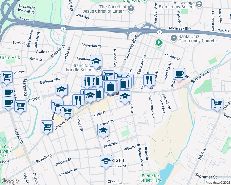 map of restaurants, bars, coffee shops, grocery stores, and more near 102 Morrissey Boulevard in Santa Cruz