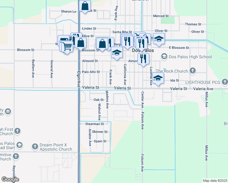 map of restaurants, bars, coffee shops, grocery stores, and more near 2174 McGinty Street in Dos Palos