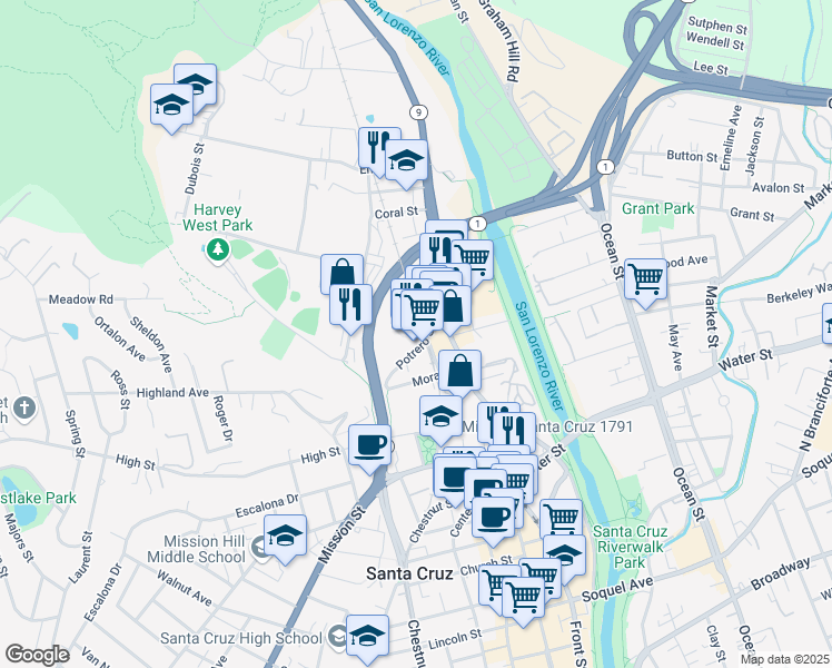 map of restaurants, bars, coffee shops, grocery stores, and more near 303 Potrero Street in Santa Cruz
