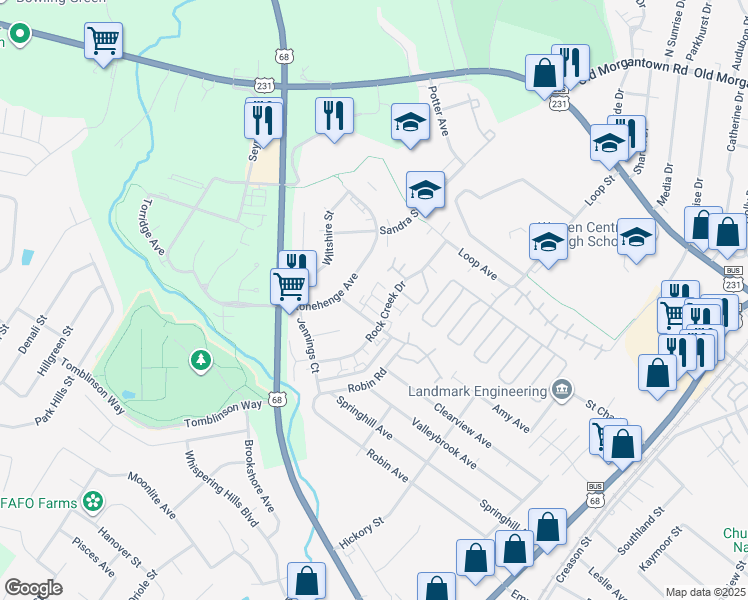map of restaurants, bars, coffee shops, grocery stores, and more near 2047 Rock Creek Drive in Bowling Green